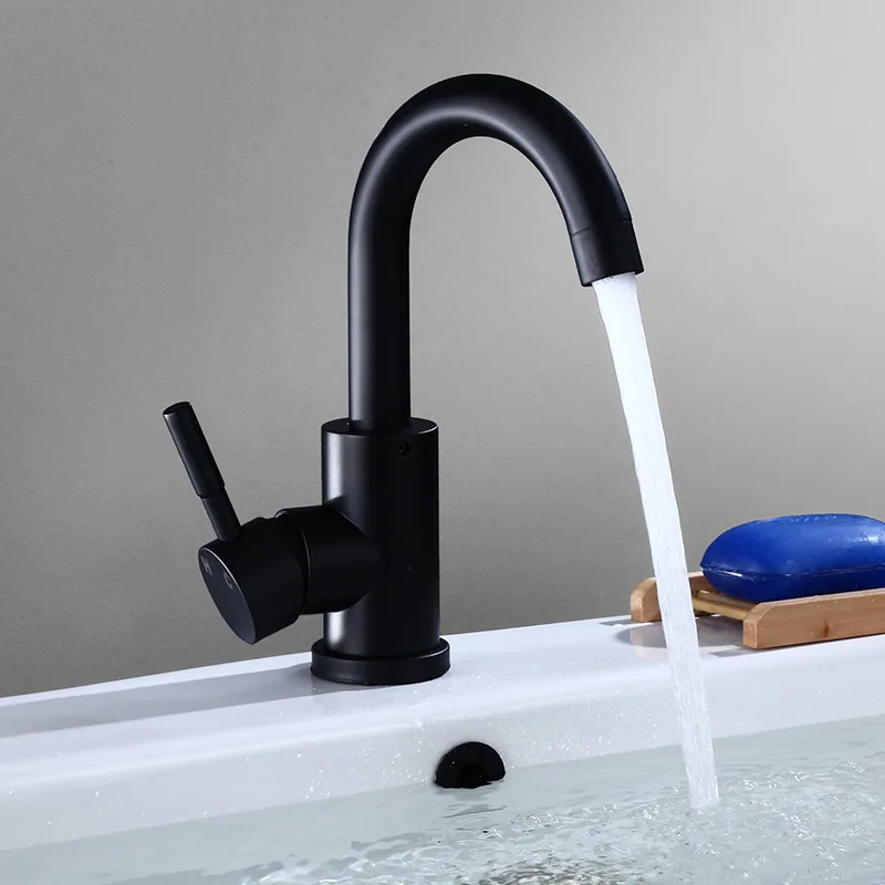 304 Stainless Steel Bathroom Basin Faucet Hot Cold Mixer Crane Sink Taps Deck Mounted Single Handle Tapware 360 Rotation Spout