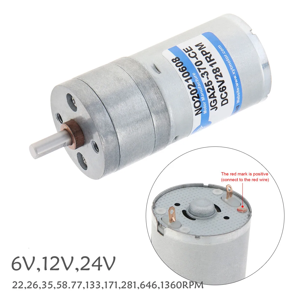 

JGA25-370 Mini Geared Motor DC motor 6V 12V 24V Electric Gear Motor High Torque Converter 22/26/35/58/77/133/171/281/646/1360rpm