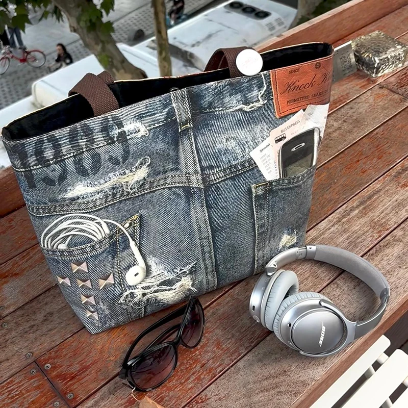 Creative Denim Pattern Waterproof Wear-resistant Shoulder Bag Double-sided Printed Large Capacity  Tote Bag Daily Shopping Bag