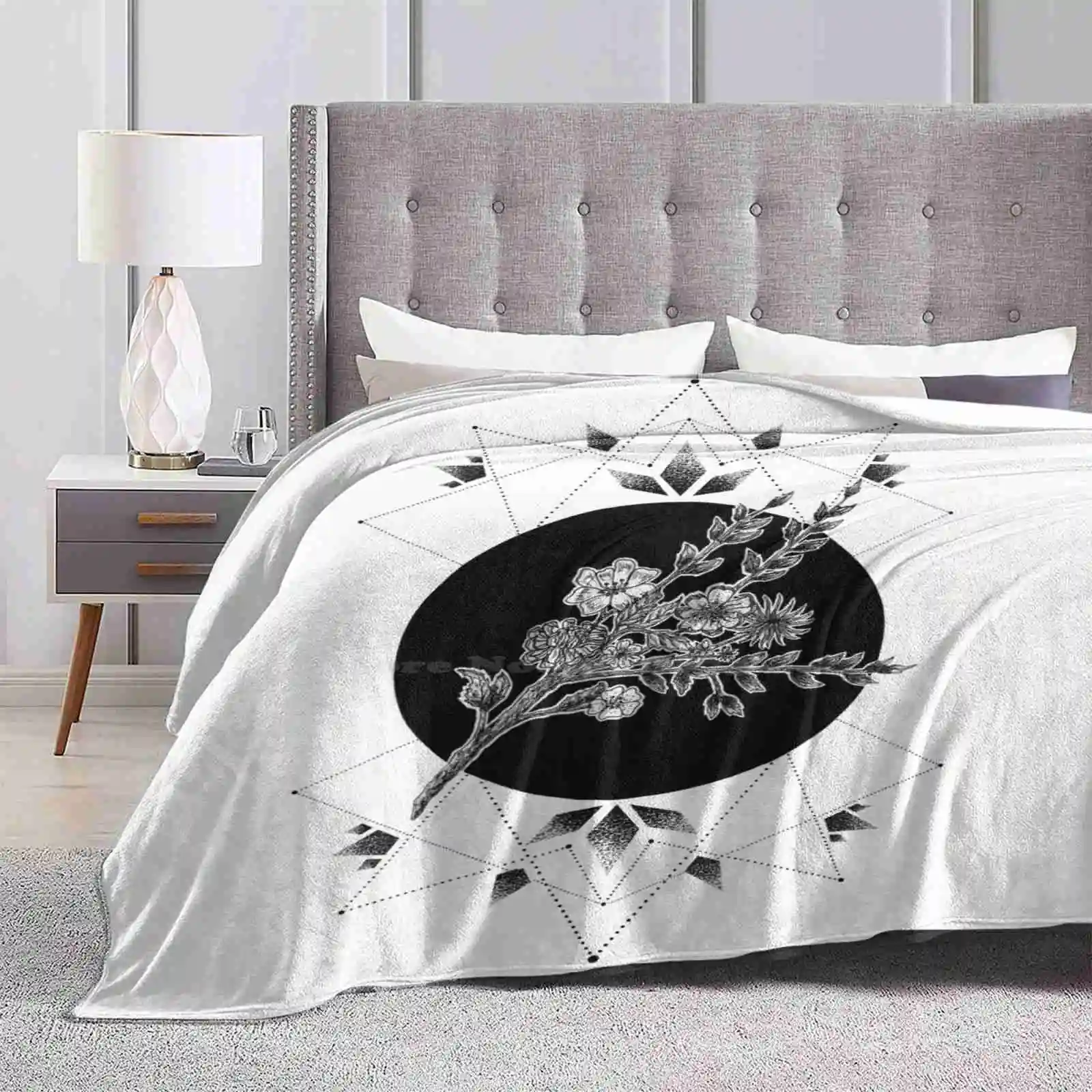 Geometric Garden Creative Design Light Thin Soft Flannel Blanket Stippling Ink Black Flowers Leaves Leaf Shapes Tattoo