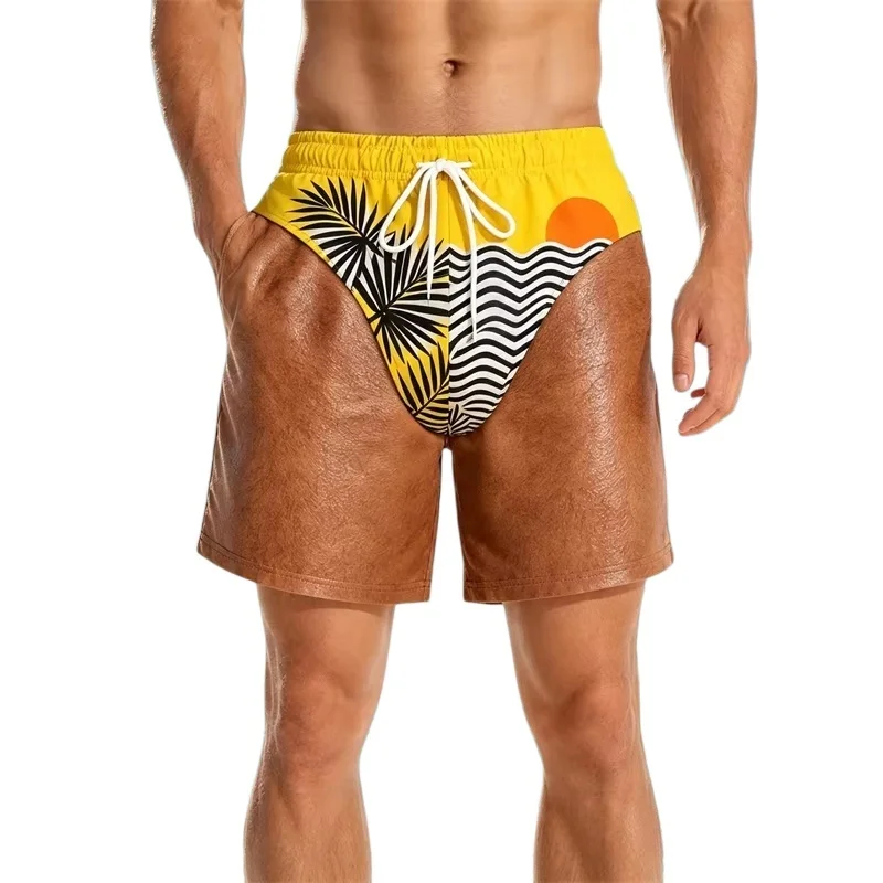 Funny Fake Two‑Piece Beach Shorts Hawaiian Tropical Simulation Drawstring Elastic Waist Vacatio Party  Shorts FamilyMatching