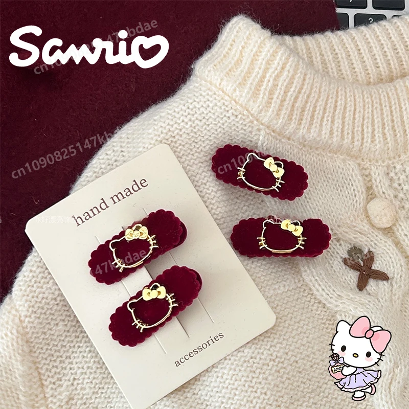 

Hello Kitty Wine Red Flocking Hair Clip Sanrio Anime Figure Peripheral Sweet Girlish Heart Simple Hair Accessories Birthday Gift