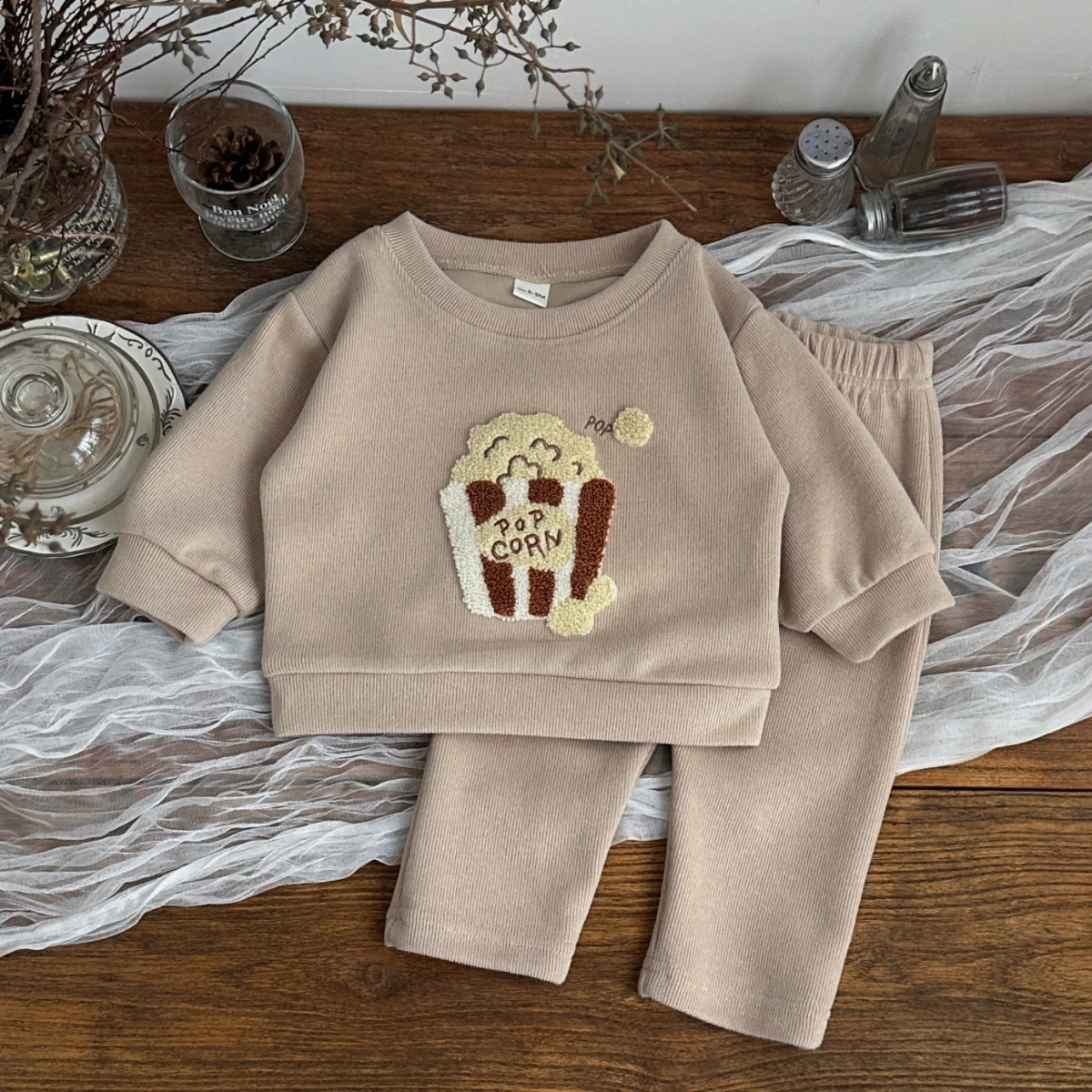 Spring Autumn Unisex Baby Popcorn Towel‑Embroidered Ribbed Set, Infant Crew‑Neck Stretch Pants 2‑Pcs Outfit