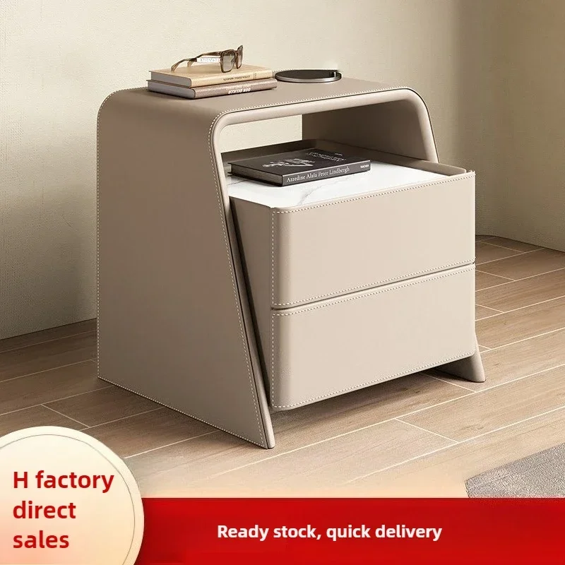 Modern Cream wind rock slab saddle leather solid wood bedside table bedroom storage cabinet sturdy and durable