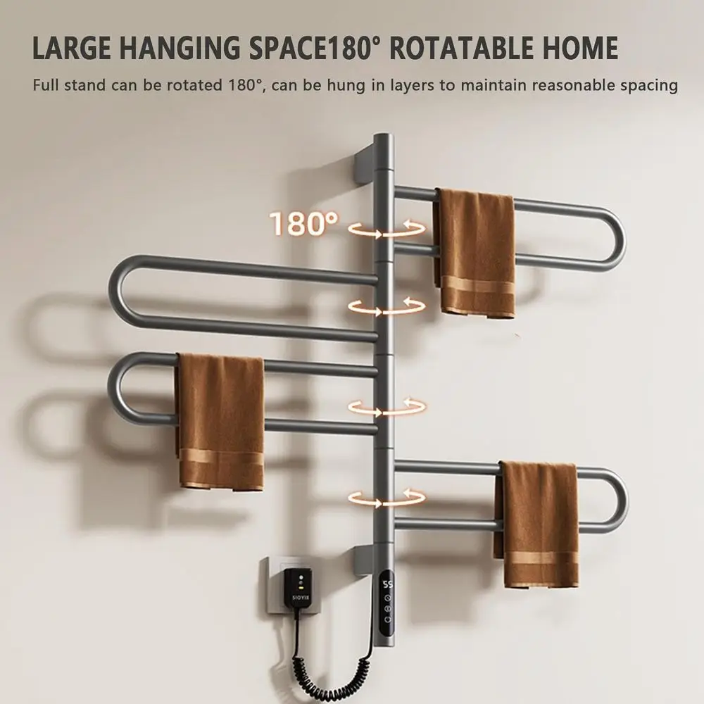 전기 타월 워머 회전 가능 180도 ° 타이머와 스마트 온도 조절 기능이 있는 타월 건조대, 전기식 타월 랙