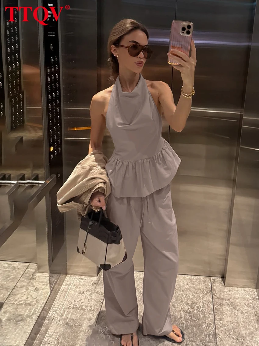 

TTQV Summer Loose Dark Pink Women's Two Pieces Set Sexy Sleeveless Tank Top With High Waist Wide Pants Set Female Clothing