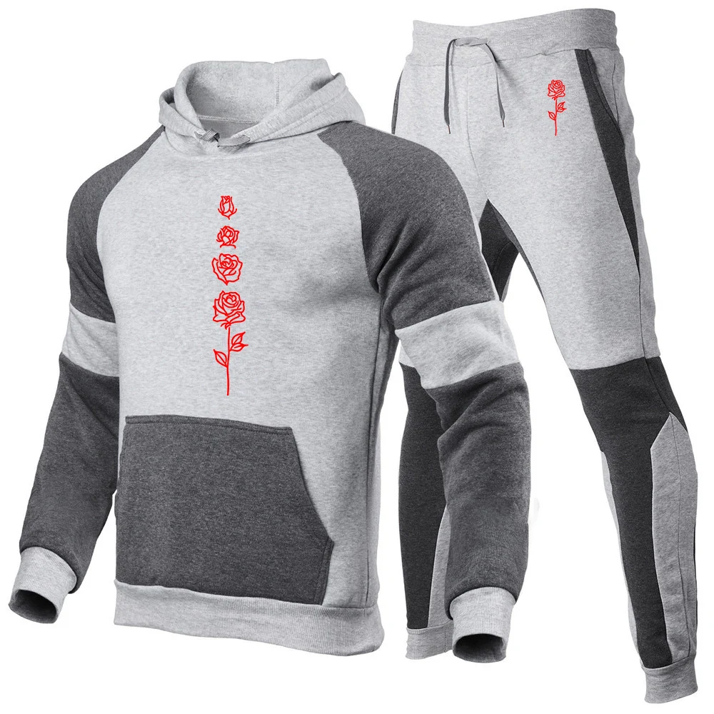 Men's Spring Autumn 2026 High End Luxury Constant Temperature Comfort Hoodies Beautiful Rose Pattern Logo Print Pants Suits