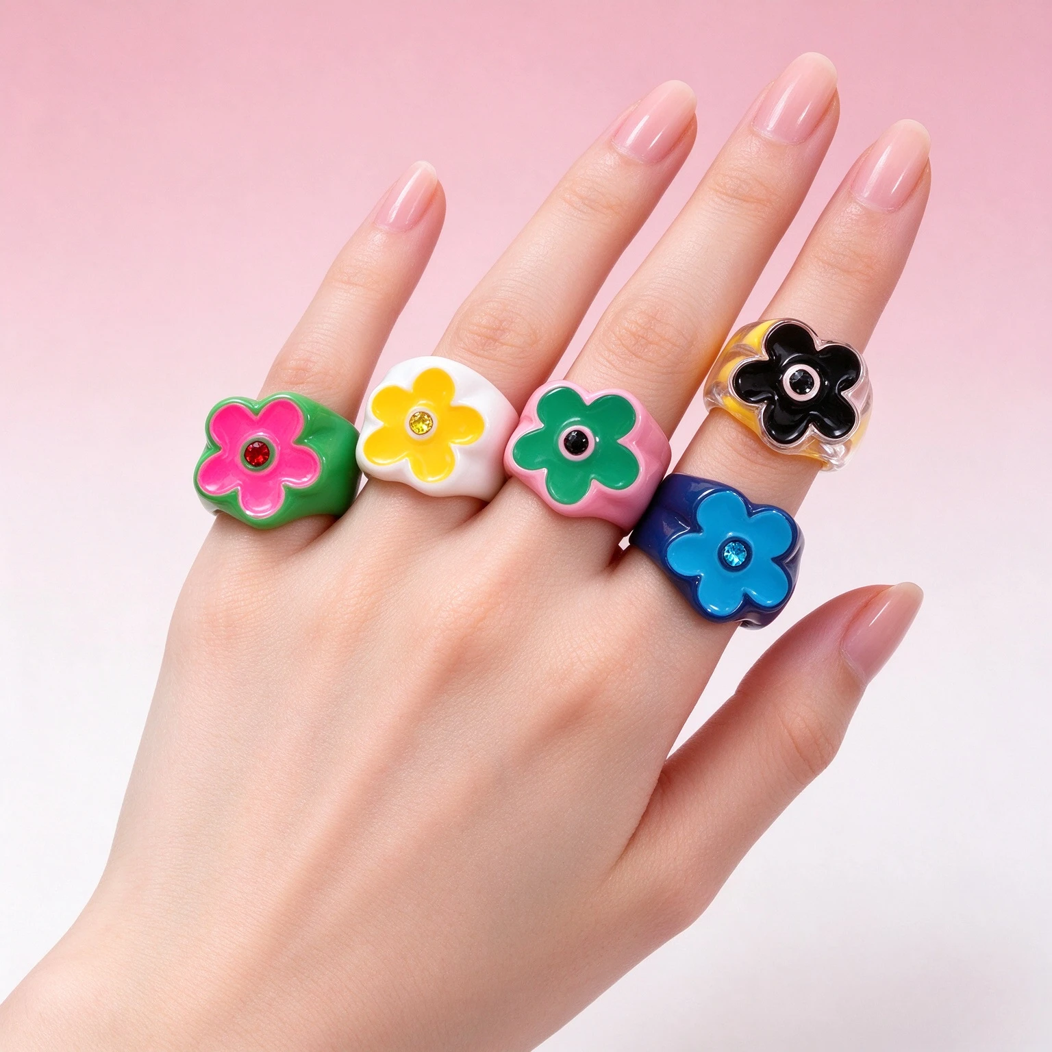 Creative Colorful Flower Ring Drip Oil Craft Elegant Resin Rings for Women Geometric Shape Finger Ring Jewelry Accessories
