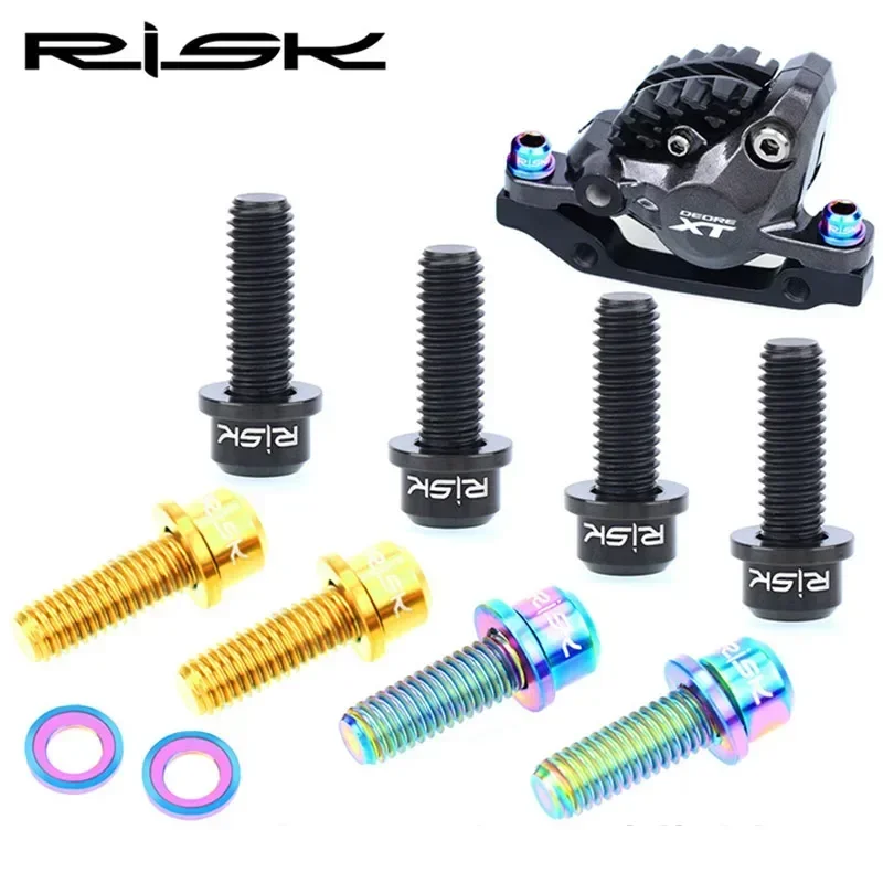 

RISK 4pcs M6x18mm Titanium Alloy Bolt with Groove Gasket for Bicycle Disc Brake Fixing MTB Bike Hydraulic Brake Screw for SLX XT