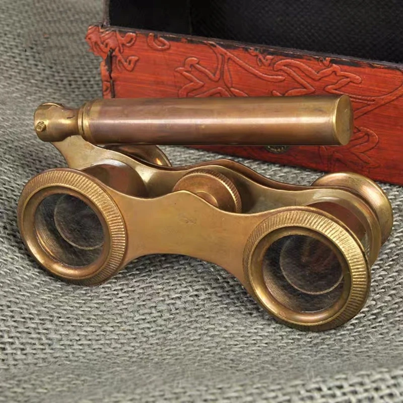 Retro Brass Double Barrel Telescope European Maritime Style Home Decoration Ornament with Leather Cover