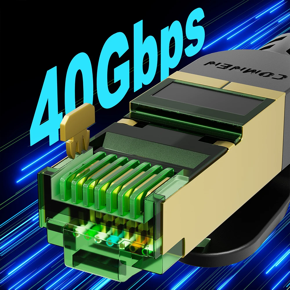 COMNEN nuevo Cable Ethernet plano Cat8 de 40Gbps, red de doble escudo de Internet de alta velocidad de 2000MHz para jugadores de enrutador de PC PS5