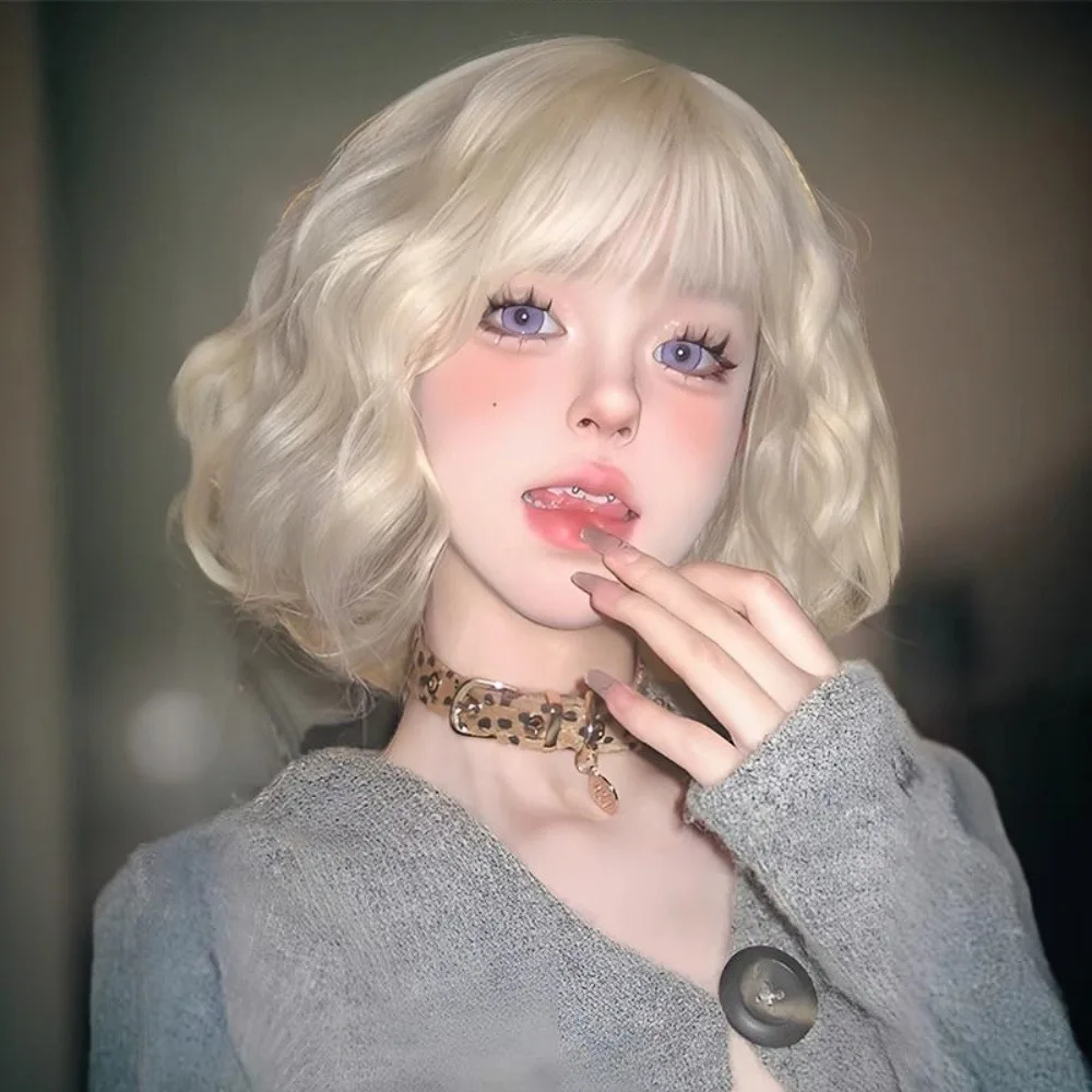 Short Water Wave Bob Synthetic Wig Bangs Sweet Korean Women Daily Campus Party Girly Casual Fashion Costume Hairpiece