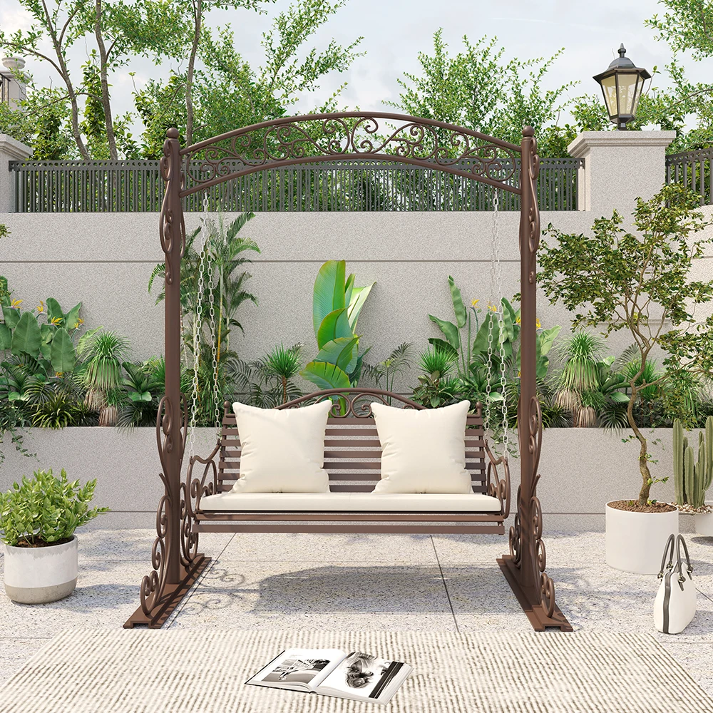 *Y- Metal Wrought Iron Outdoor Wedding Swing Chair with Stand and Cushions, All-Weather Patio Garden Swing, Factory Direct