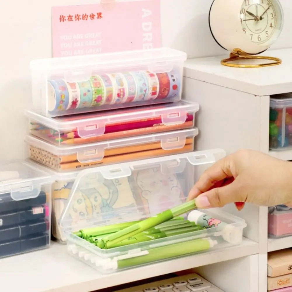 Waterproof Buckled Pencil Case Plastic Transparent Desktop Storage Box Simple Stackable Stationery Box Pens Brushes