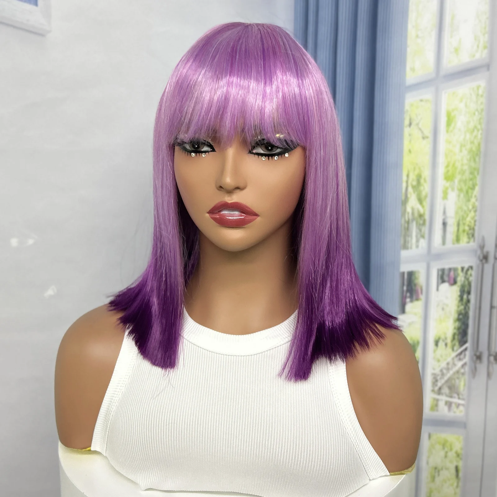 12 Inches Short Bob Wigs Cosplay Synthetic Wigs Machine Made Purple Straight Ombre Color Wigs for Women Heat Resistant