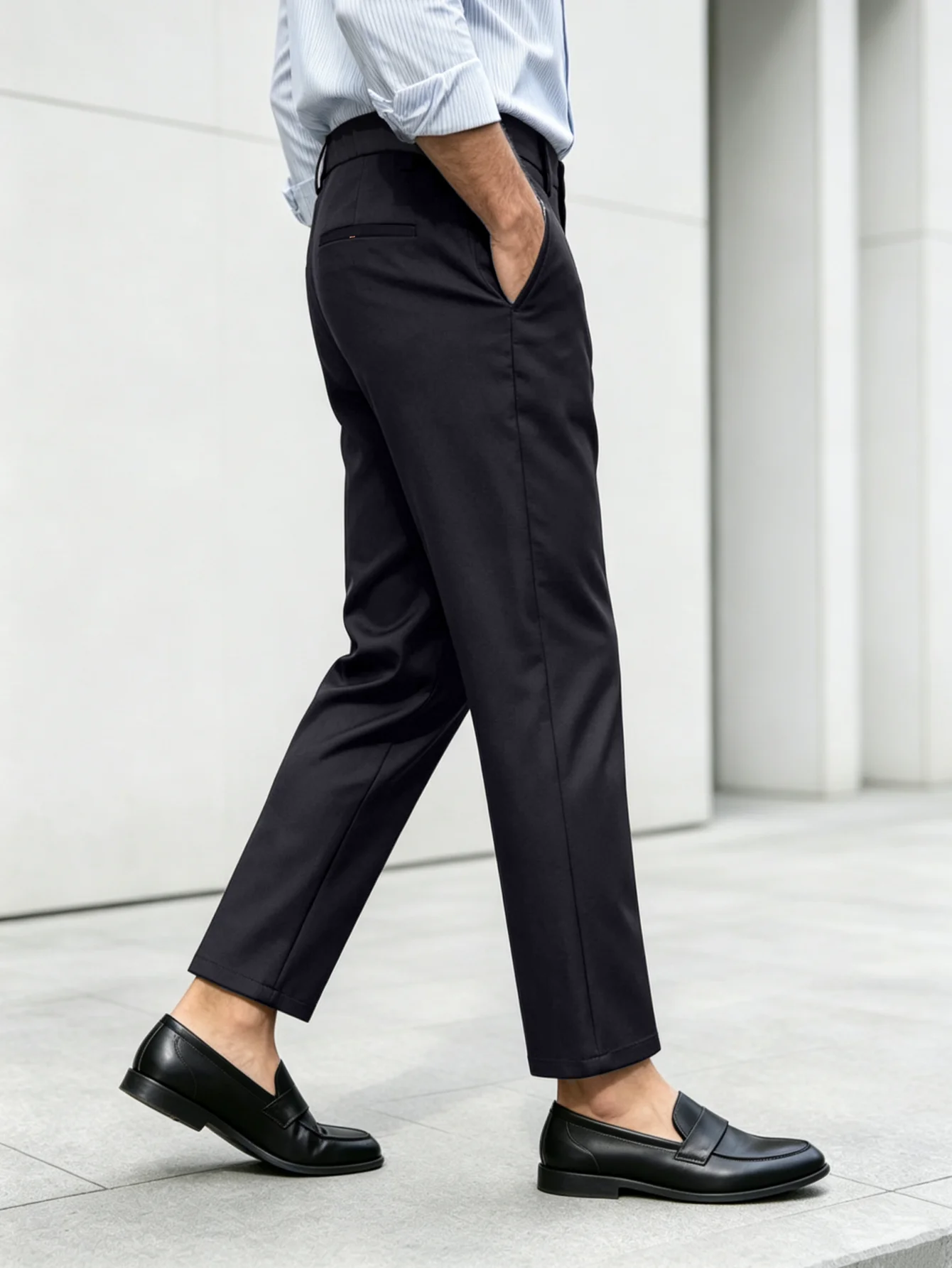 Men Smart Casual Half Elastic Waist Solid Black Cropped Tapered Suit Pants, Stretch Zipper Fly Flat‑Front Business Trousers