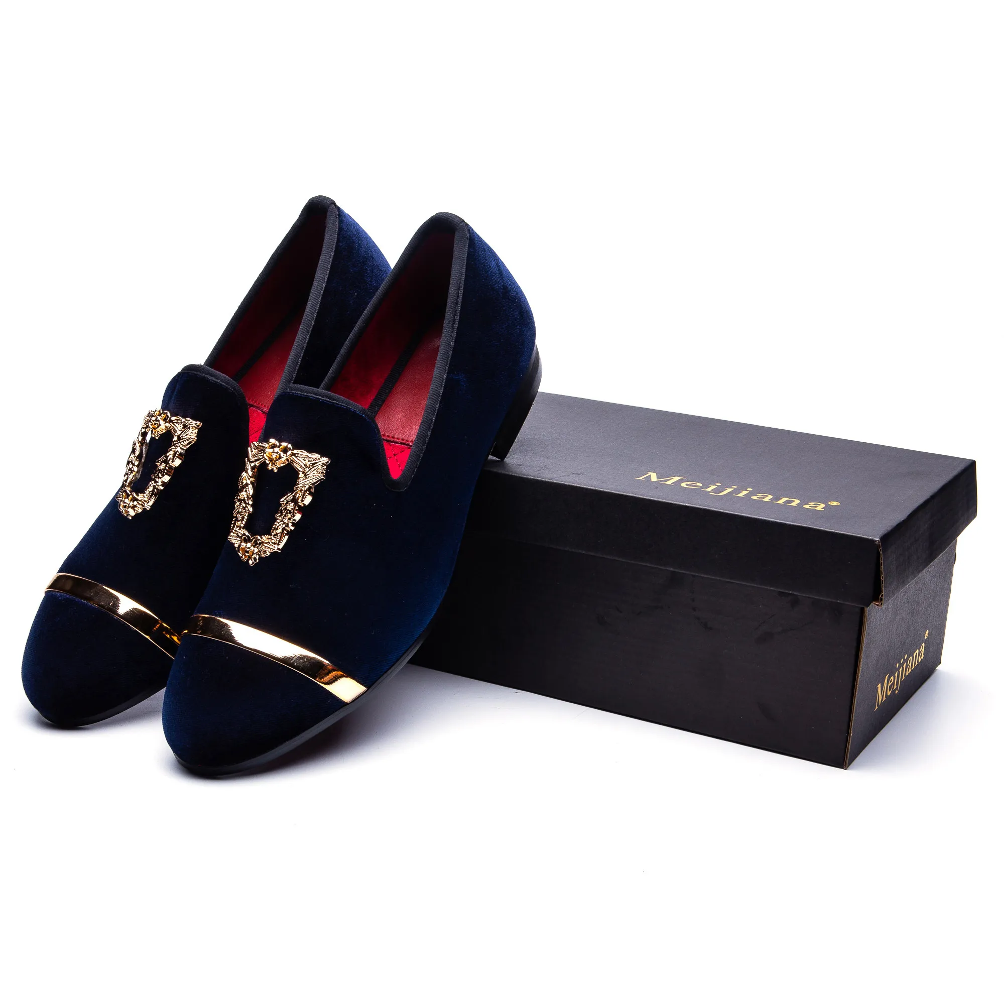 

Men Black Loafers with Gold Cap Toe Band and Wing Emblem Slip-On Formal Dress Shoes for Men Office Party Footwear