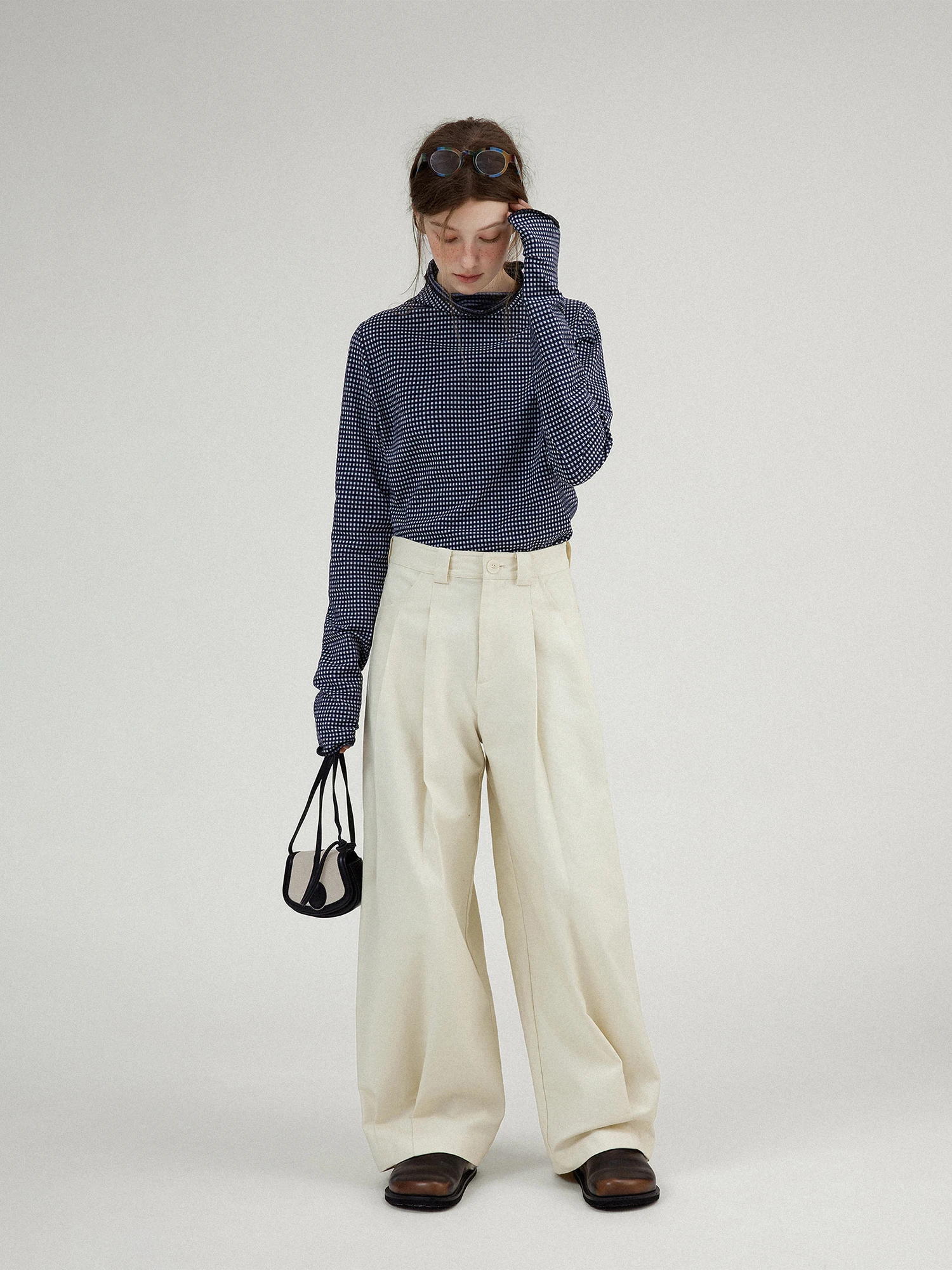 Retro Latte 00% Cotton Fce Women's Casual Pants High Waist Straight Leg Pleated Design Comfortable Loose Fit Long Trousers