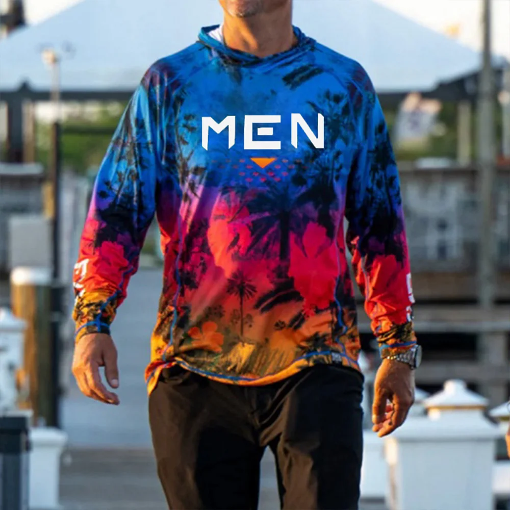 قميص صيد رجالي بأكمام طويلة مقنع ، حماية من أشعة الشمس ، جيد التهوية ، سريع الجفاف ، تيشيرتات حماية من الشمس ، خارجي ، صيفي