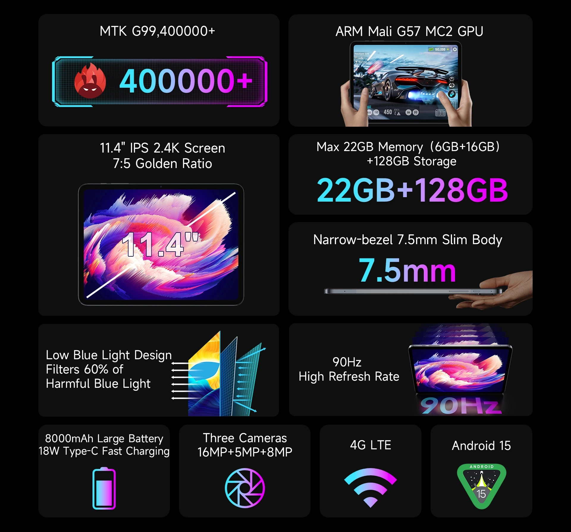 BMAX I12 Power Tablet 11.4" 2.4K IPS 90Hz Display MediaTek Helio G99 8-core 22(6GB+16GB) RAM 128GB ROM 8000mAh Type-C Android 15 Tablets 4G LTE GPS WiFi Support Dual SIM
