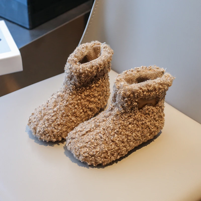 Cute Animal Patchwork Lambswool Boots For Kids Winter Thick Curly Fur Warm Booties Boys Girls Outdoor Round Toe Cotton Shoes