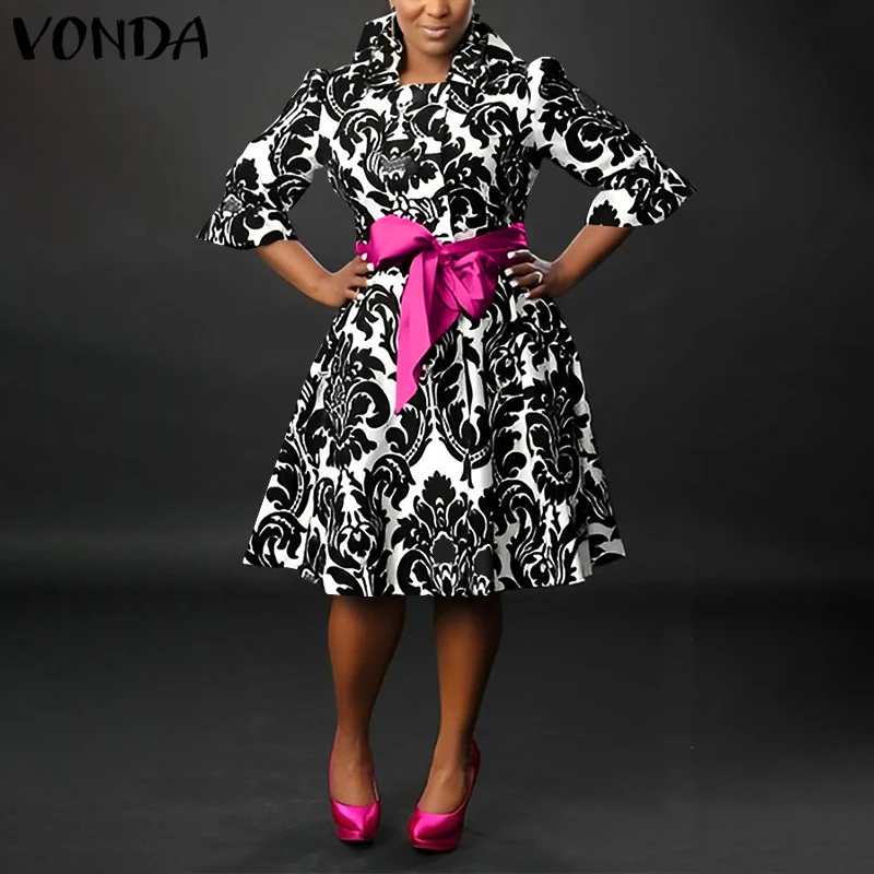 

VONDA Women Printing Evening Dress Bohemian Vestidos Stand Collar Bow Belt Casual Loose Robe 2026 Elegant Sundress Oversized