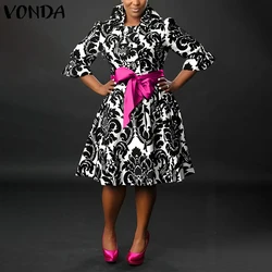 VONDA Women Printing Evening Dress Bohemian Vestidos Stand Collar Bow Belt Casual Loose Robe 2026 Elegant Sundress Oversized