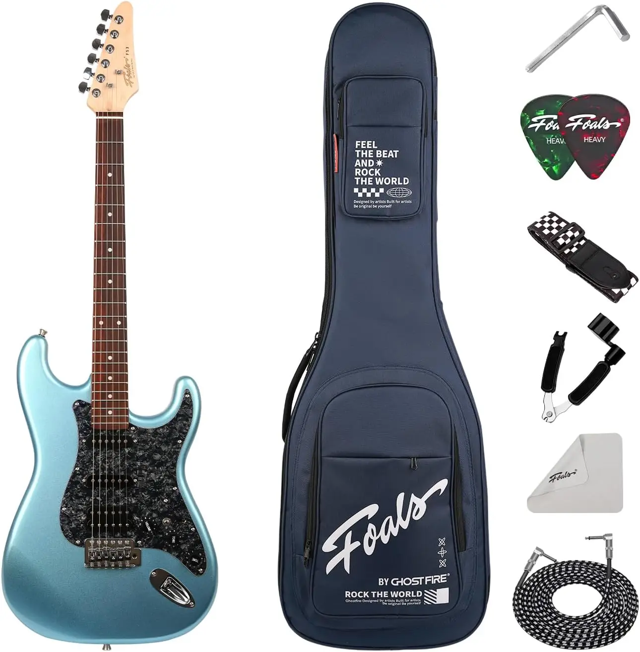 Electric Guitar Kit with HSS Pickup Configuration, Solid Poplar Body, Maple Neck, Rosewood Fingerboard, Metallic Blue Finish, and Gig Bag Included