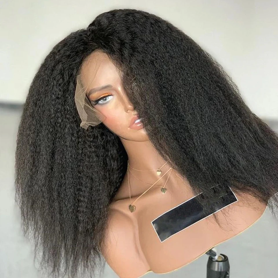

Glueless Soft Long Yaki Natural Black 30Inch 180Density Kinky Straight Lace Front Wig For Women With Baby Hair Preplucked Daily