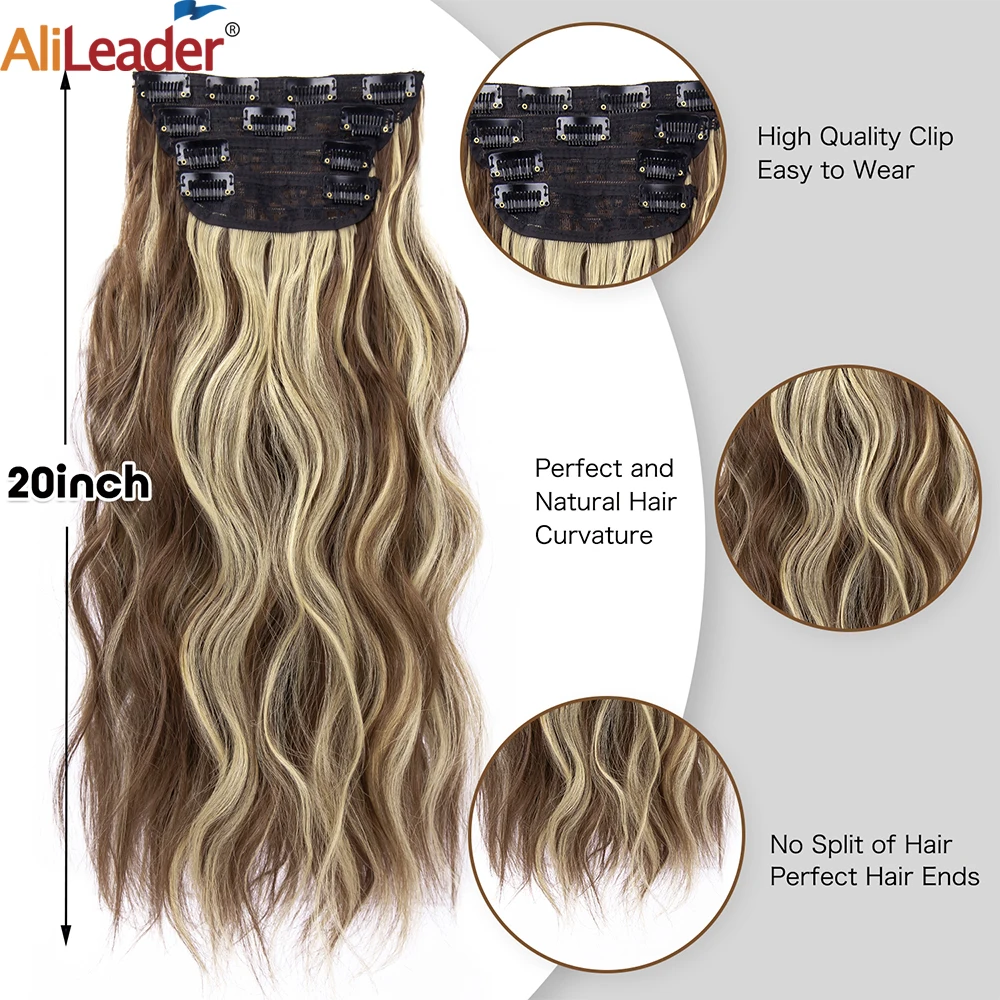 Extensions de cheveux à clipser pour femmes, postiches en surbrillance optique, clip long ondulé, extension synthétique, 20 po, 4 pièces par paquet