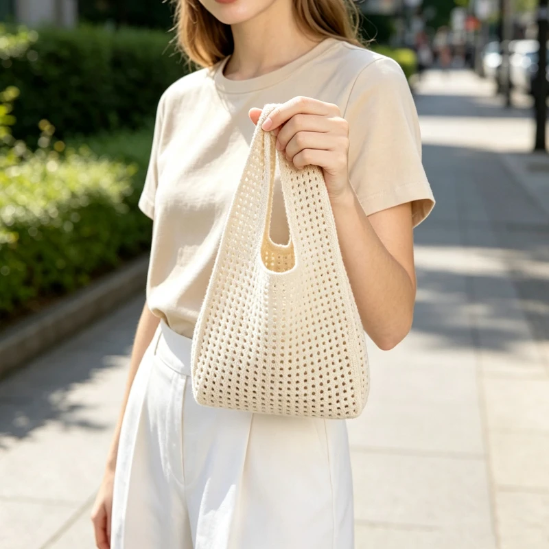 Women Beach Bag Hollow Knit Knot Wrist Bags Crochet Tote Knitting Shopping Woven Handbag Mini Cosmetic Vacation Pouch Phone Pack - view 6