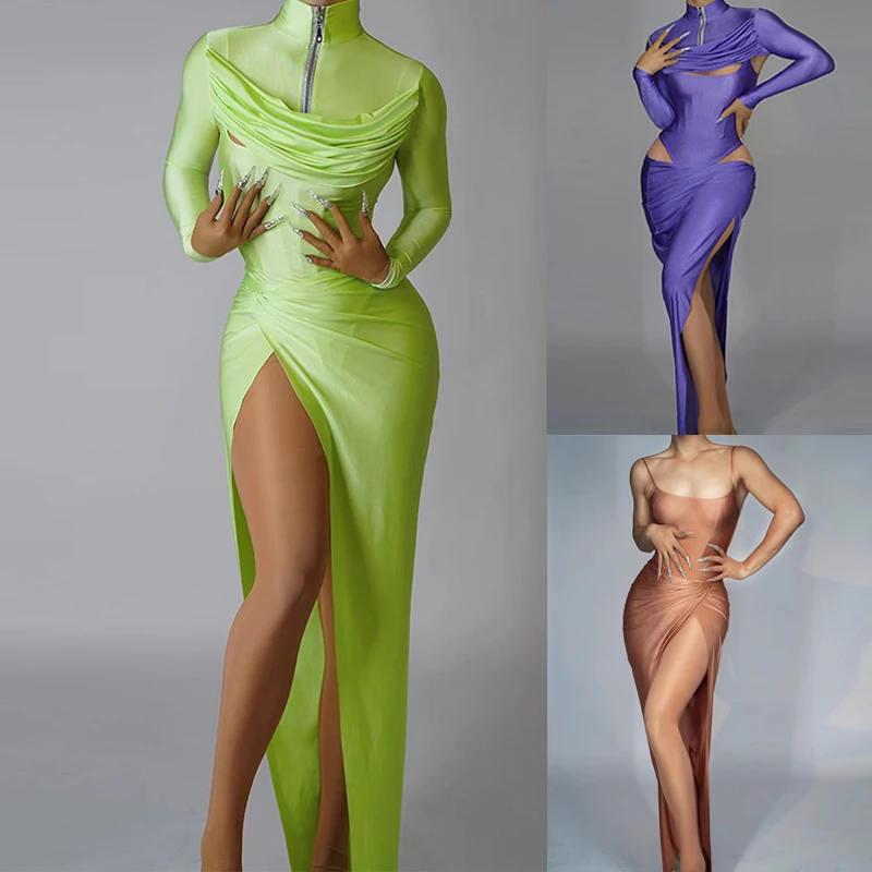 Sexy Hollow Out Long Dress Singer Performance Clothes Tops Bodysuit Skirt Gogo Dance Clothing Birthday Party Dresses VDB7699