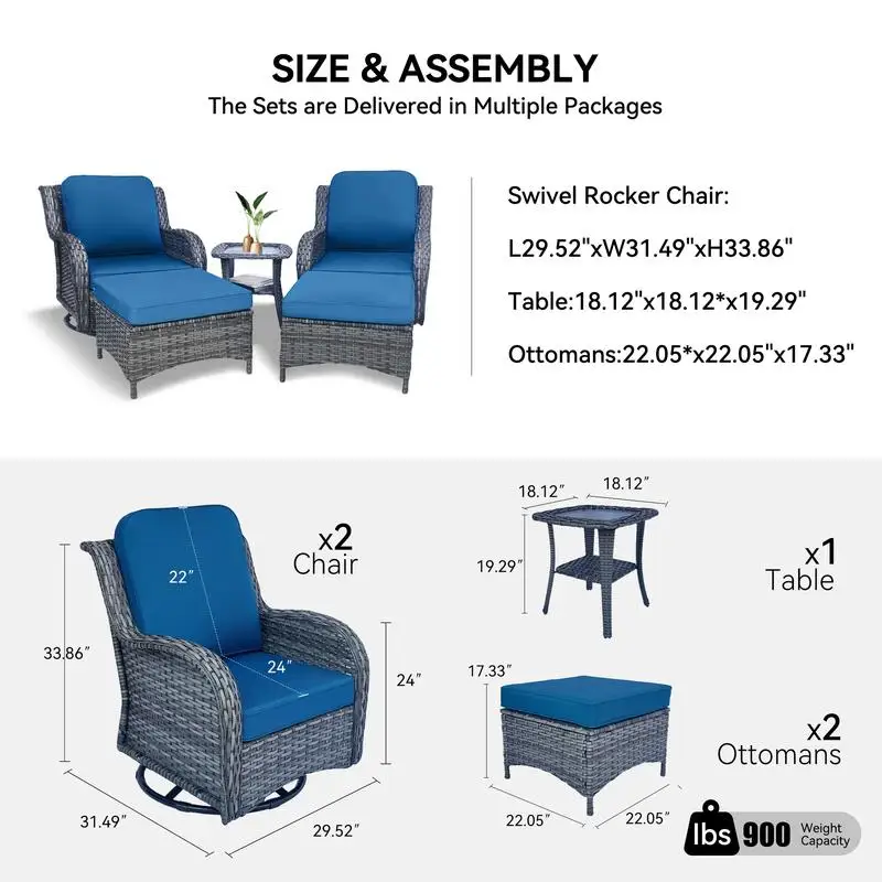 Set da conversazione componibile da esterno in rattan da 5 pezzi con 2 rondelle girevoli, 2 ottomani e 1 tavolino per patio, terrazza, giardino