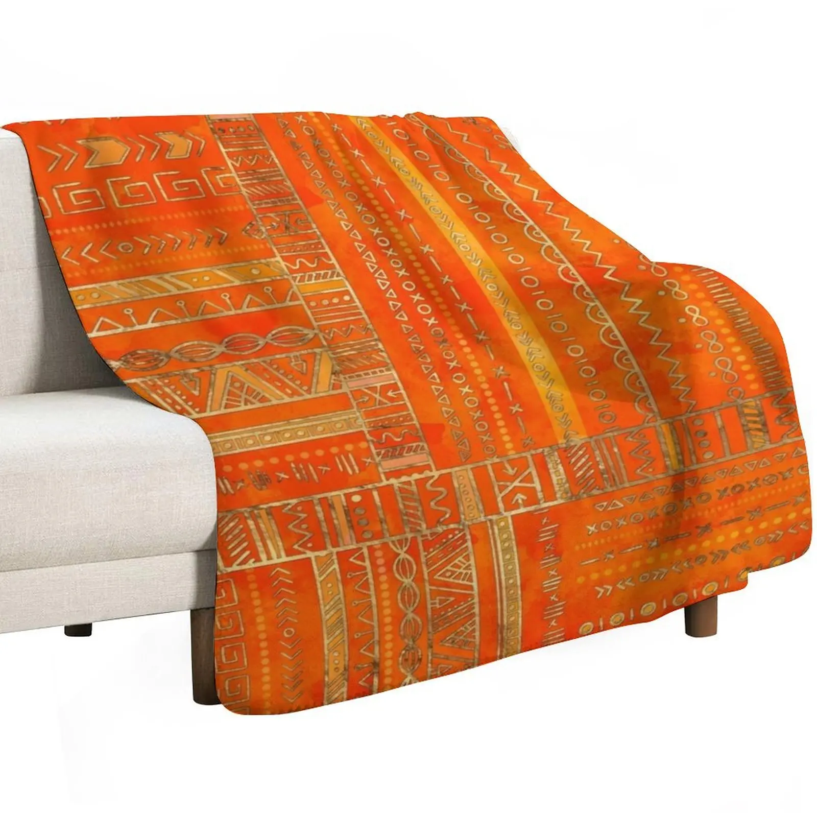 Tribal Ethnic pattern gold on bright orange Throw Blanket Sofa Throw heavy to sleep Beach for babies Custom Blankets