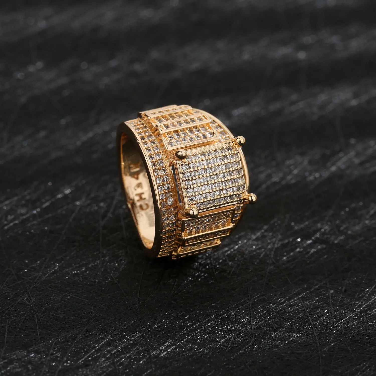 Wholesale hip hop ring CZ micro inlay men's circle jewelry gold jewelry ice ring ice surface large square ring men's jewelry