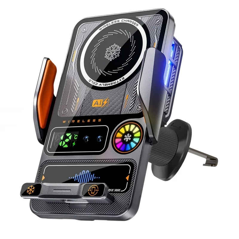 15W Semiconductor Cooling Car Wireless Charger Digital Temperature Display RGB Ambient Light 360 Rotate Auto‑Sensor Phone Holder