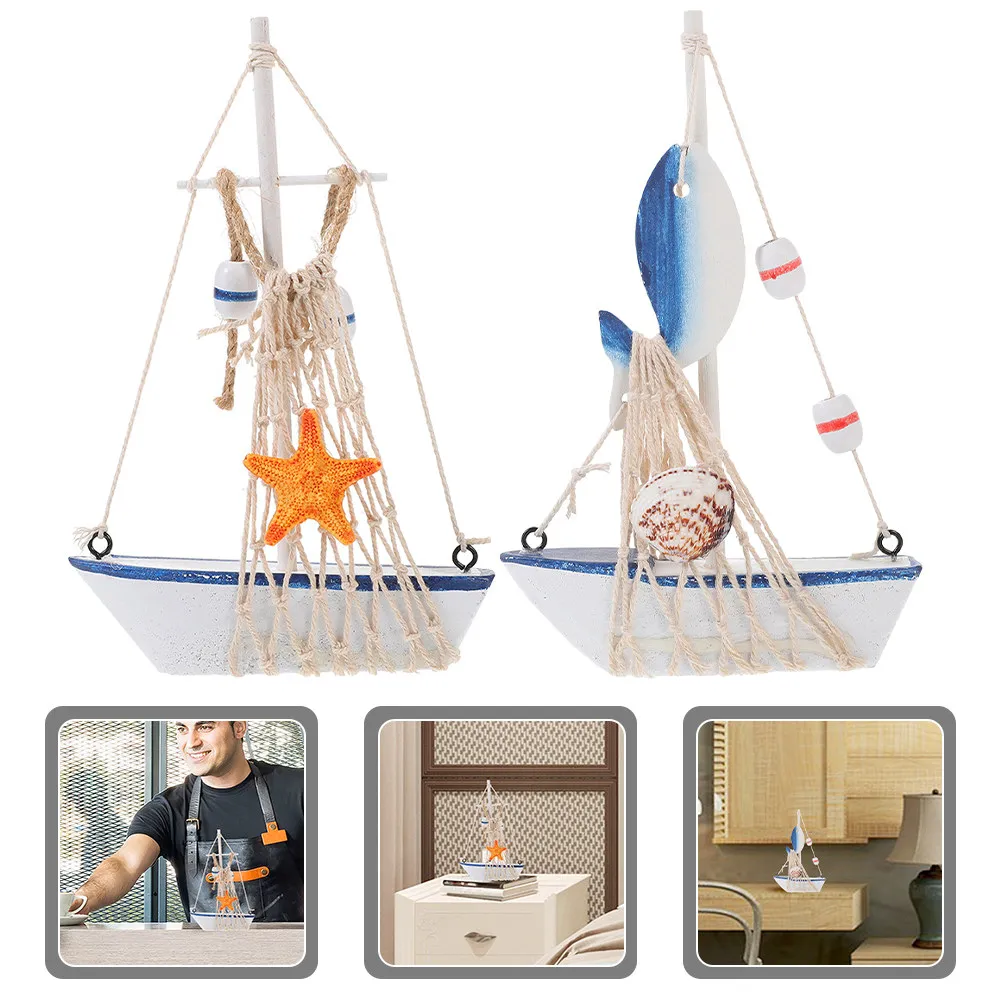 

2Pcs Sailboat Ornament Wooden Sailing Ship Desktop Decor Mediterranean Style Office Tabletop Nautical Decoration Elegant Craft