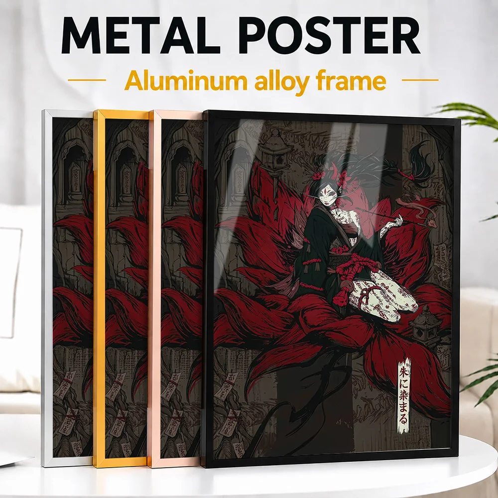 Kitsune Demon In Red And Black Framed Metal Poster Personalized Mythic Fantasy Tribute Wall Art For Gamers Decorating Game Room