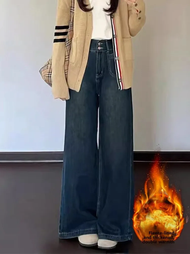 

High Waist Fleece Lined Thick Wide Leg Jeans Loose Straight Dark Blue Denim Pants for plus Size Women Autumn Winter Pear Shap...