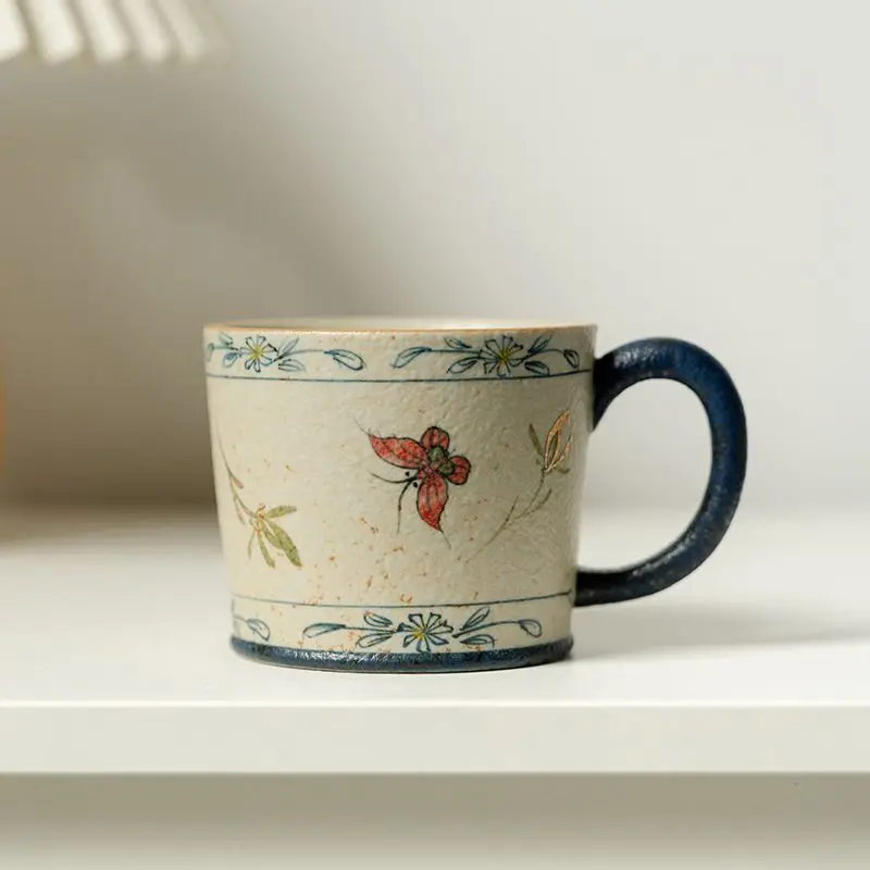 

Blue, White, Flint, Red, Gold, Pure Hand-Painted Butterfly, Orchid, Ceramic, Yingya Coffee, Handle Cup, Single Person Tea Cup