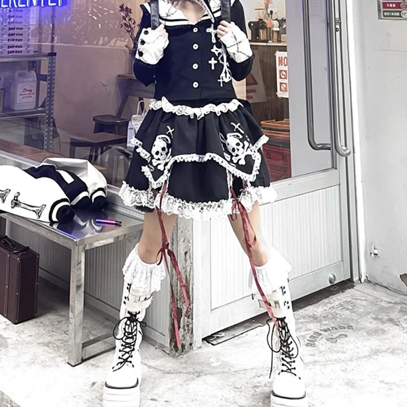 Imagem -03 - Saias Góticas Japonesas Harajuku para Mulheres Estampa de Caveira Saia de Renda Preta Y2k Punk Cintura Alta Lolita Mini Saia Bolo Streetwear Chique