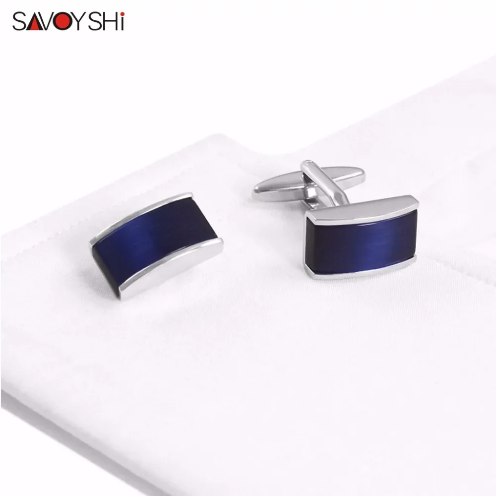 SAVOYSHI Luxury Square Blue Cat\'s Eye Stone Cufflinks for Mens High Quality Shirt Cuff buttons Cuff links Wedding Gift Jewelry