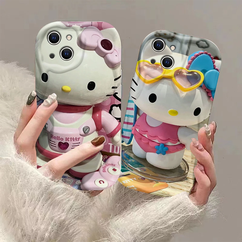 

Cartoon Sanrio Hello Kitty 3D Wave Case For iPhone 15 14 13 12 11 Pro Max Mini X XR XSMAX 8 7 6S Plus Soft Silicone Cover