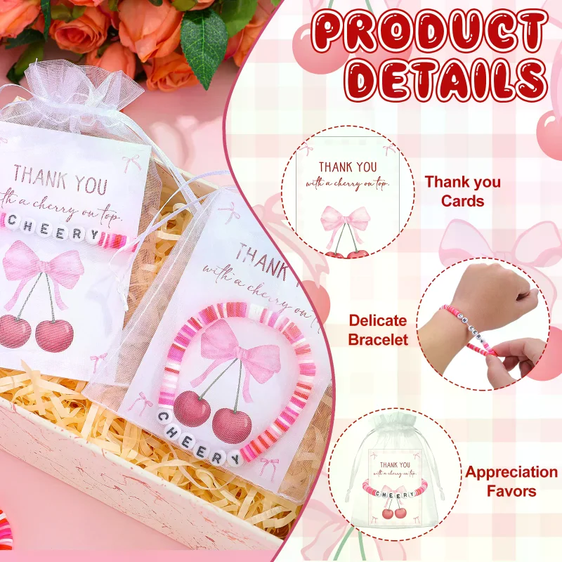 20 Sets Cherry Bracelet Party Favors Bulk Cherries Bracelets Thank You Cards Organza Bags Cherry on Top Party Decorations