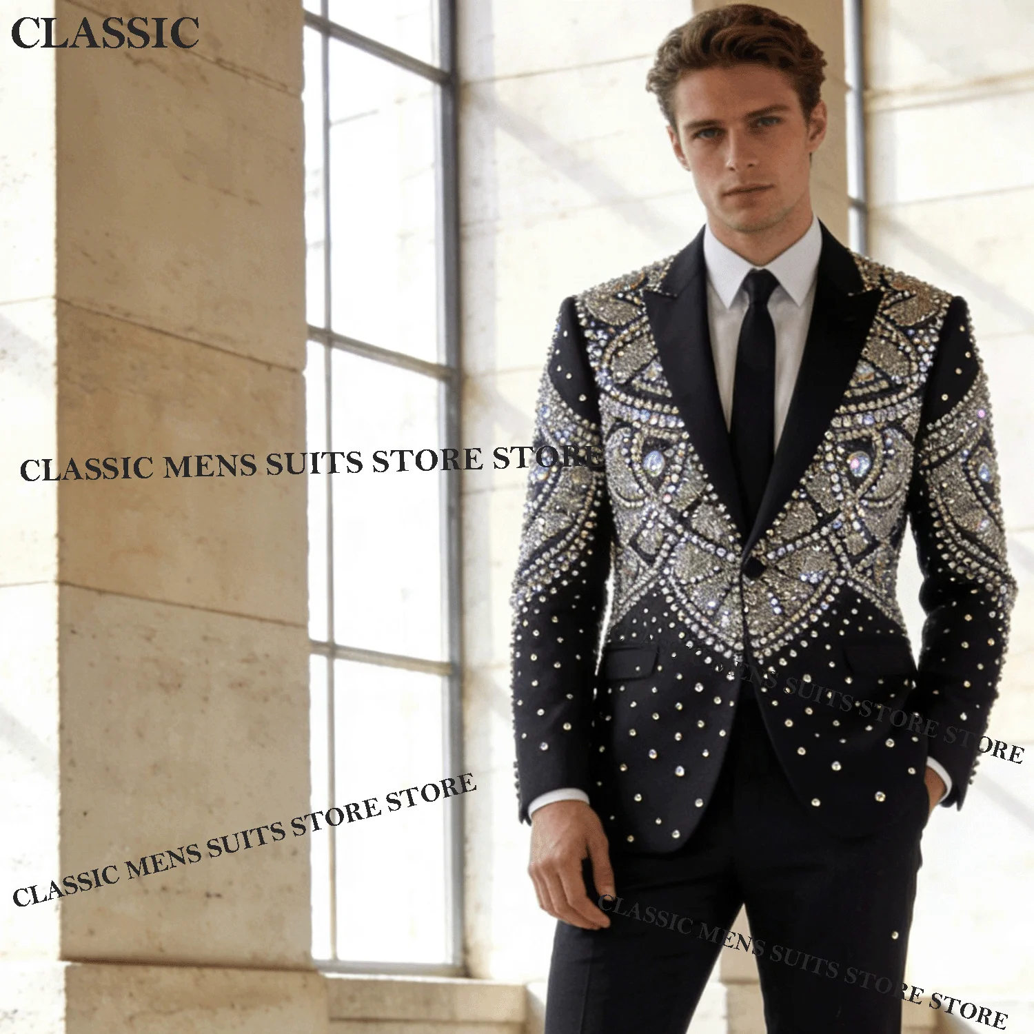 

GlitterCoat Style Men Suit 2 Piece Sets Groom Male Blazers Rhinestone Beaded Peaked Lapel Ropa hombre Wedding Tuxedo Customized