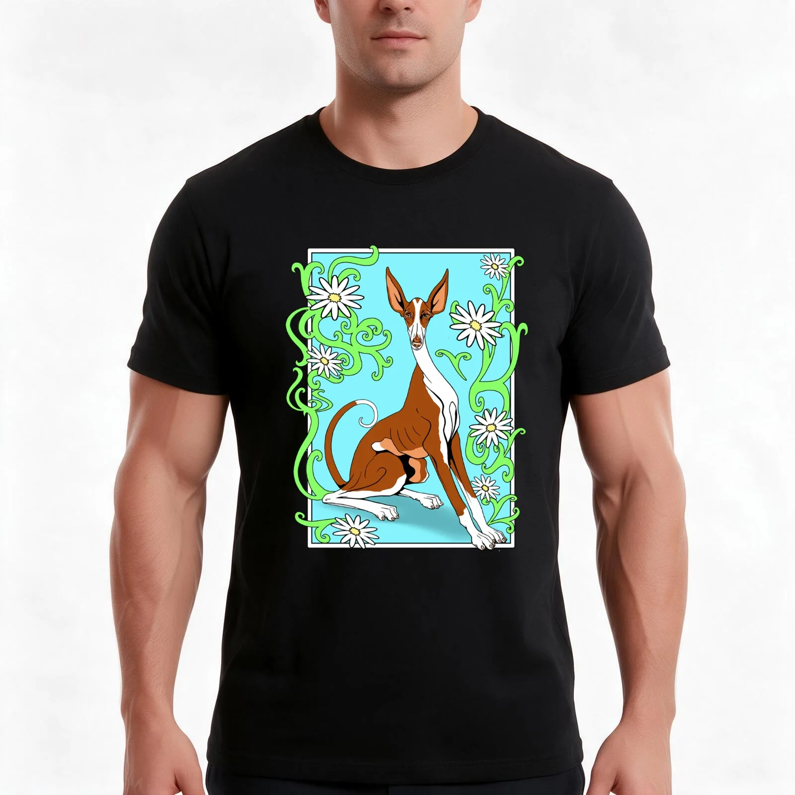 Ibizan Hound surrounded by daisies. T-Shirt, Summer Casual Cotton Tee, Oversized Streetwear Tops, Vintage Graphic Print