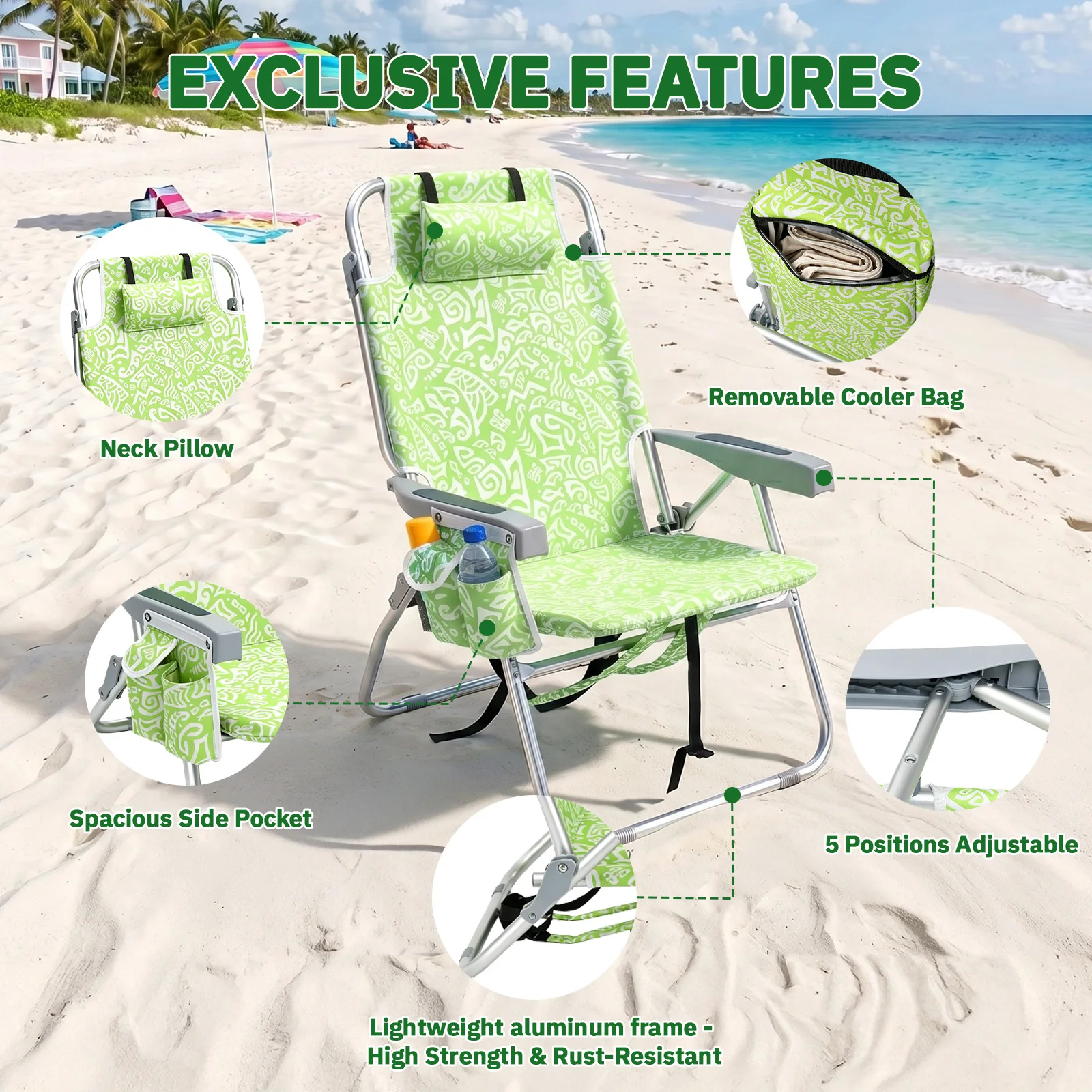 

5-Position Adjustable Aluminum Beach Chair Yellow Tribal Pattern with Headrest Cooler Bag 120KG