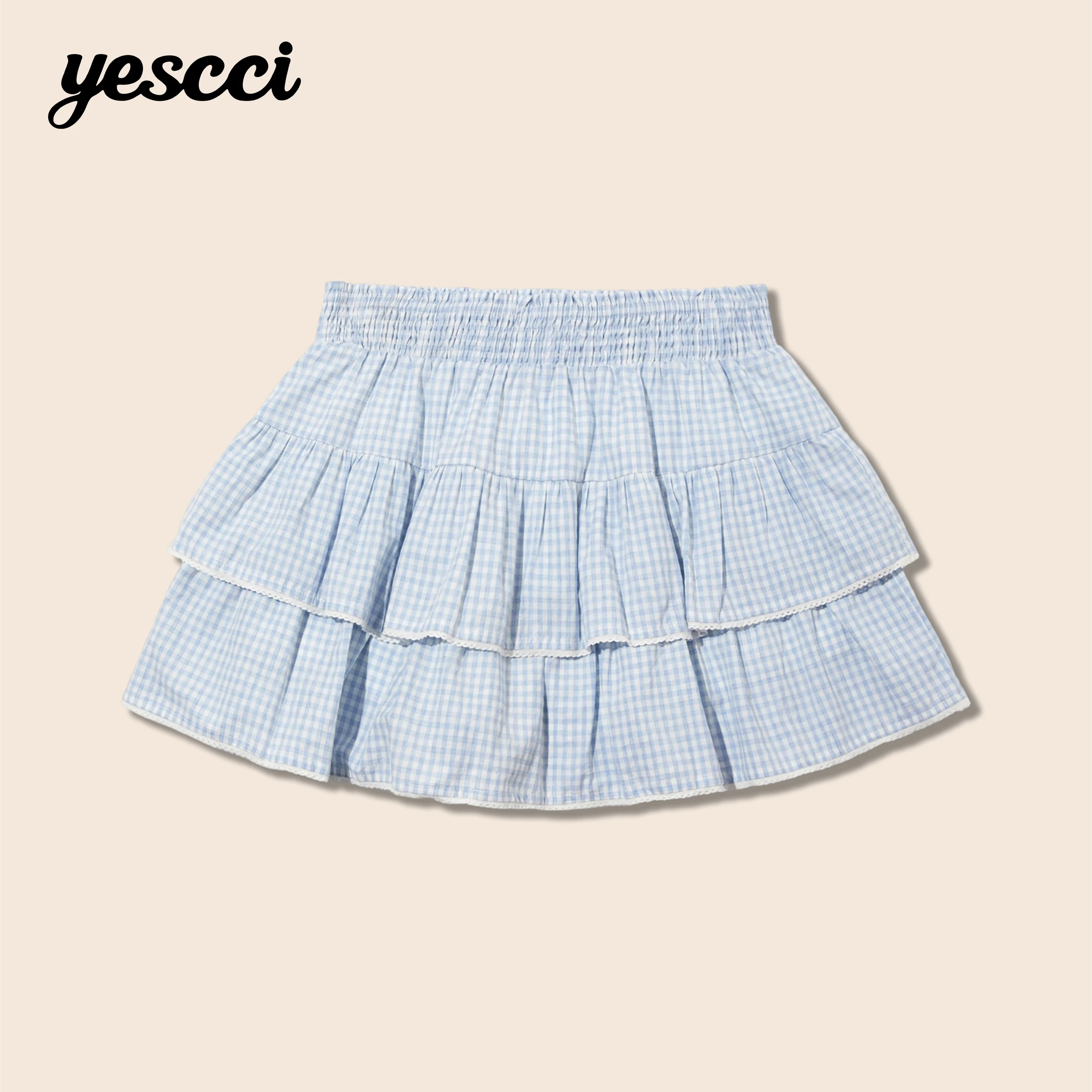YESCCI Mini Skirt 2026 Summer New Plaid Elastic Waist A Line Short Skirt Casual Lightweight Breathable Woman Clothes S56446216