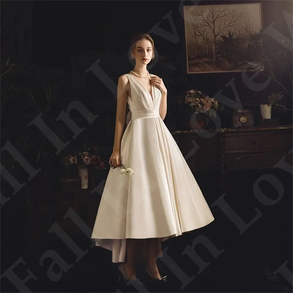 Robe de mariée en satin pur simple, longueur thé, haut, bas, train trapèze, col en V, fibre, sexy, dos nu, nœud, robe de soirée de remise des diplômes, 2024