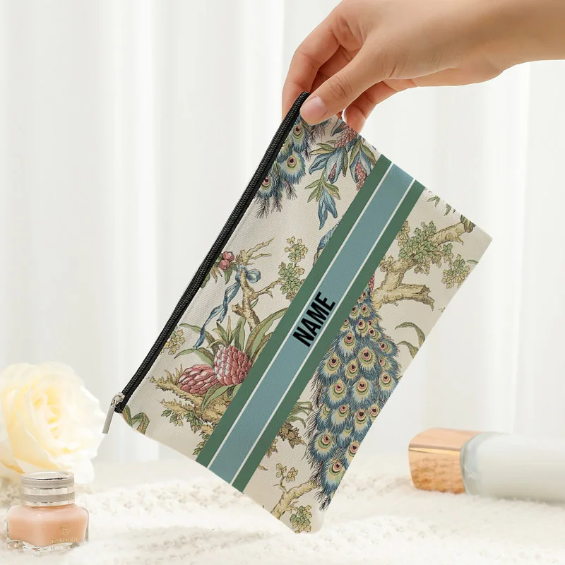 Customized French Toile De Jouy with Peacock Retro Pattern Makeup Cosmetic Bag Personalized Wedding Purse Bridesmaid Gifts Pouch 3